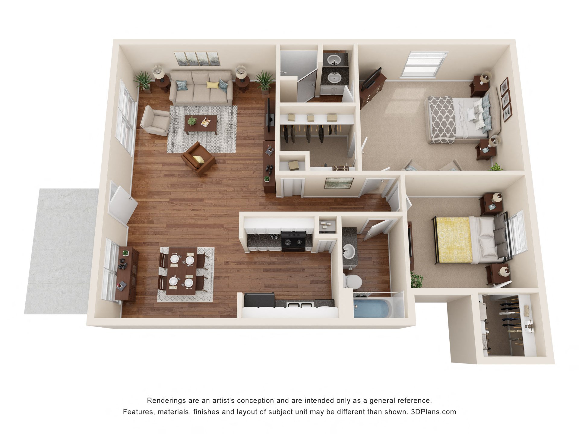 Floor plan for 2 beds, 2 baths, 850 sqft